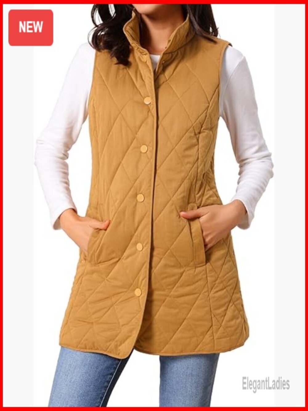 Long Puffer Vest Sleeveless Quilted Lightweight Winter Coat Warm Outerwear